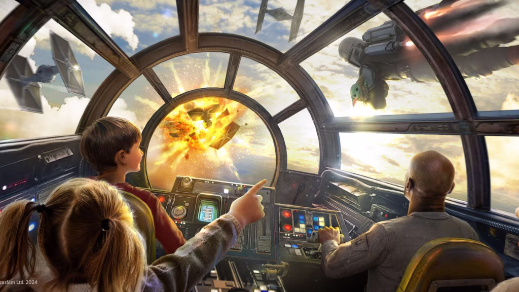Interior de la cabina del Millennium Falcon en Smugglers Run, con niños pilotando la nave mientras naves TIE Fighters atacan y un Mandalorian vuela en el exterior.