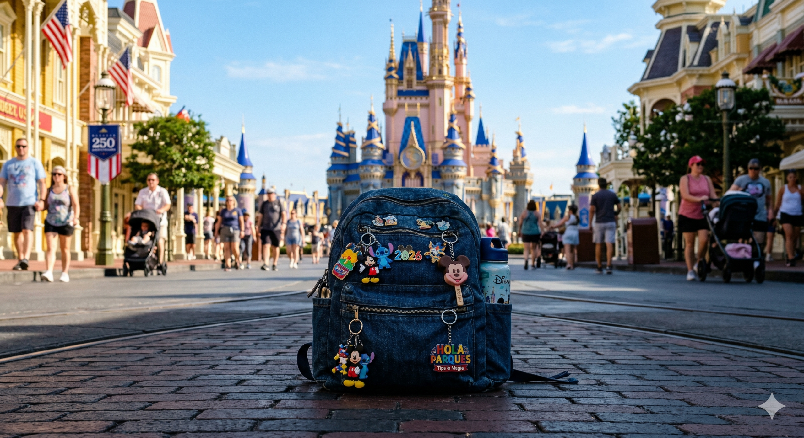 Mochila de mezclilla llena de llaveros de Disney, incluyendo uno de Hola Parques y 2026, descansando sobre el pavimento de Main Street, U.S.A. con el Castillo de la Cenicienta y sus nuevas torres azules al fondo.